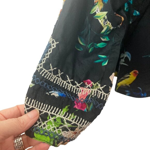 Johnny Was Biya Veda Bird Botanical Silk Blouse 3X Black Embroidered Repaired - Picture 5 of 11